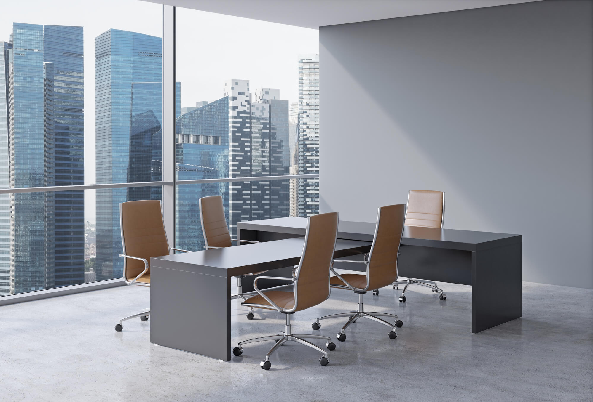 Modern office interior with huge windows and skyscraper panoramic view. Brown leather on the chairs and a black table. A concept of CEO workplace. 3D rendering.